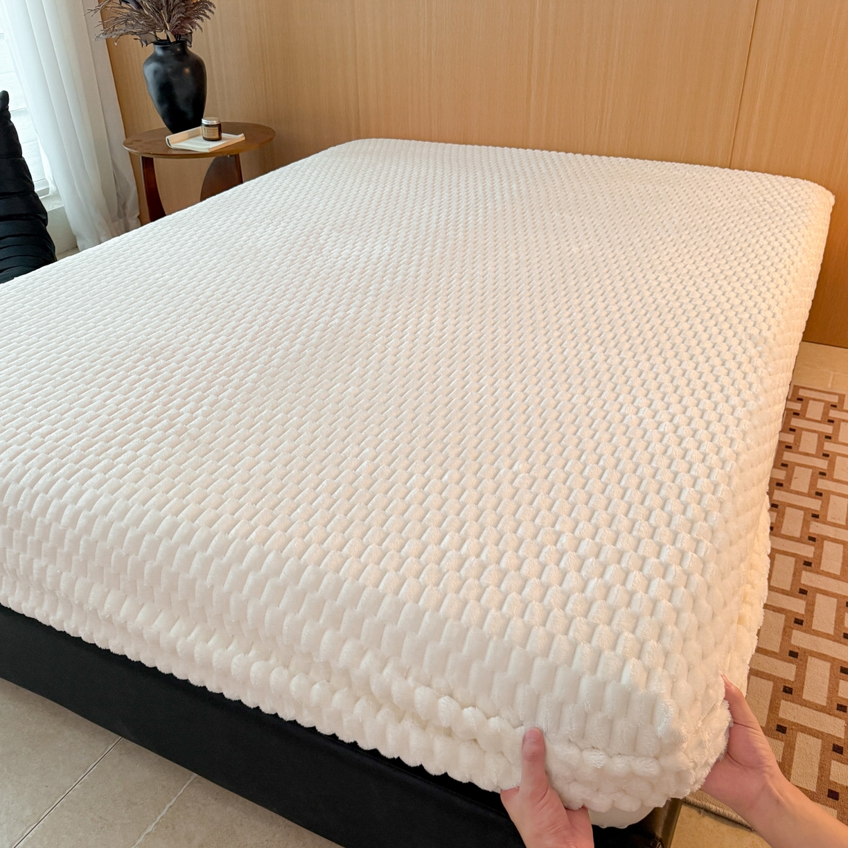 91家纺网 家纺一手货源 找家纺 小叮当家纺仓储工厂店 2025新款豆豆绒纯色单床笠系列床笠单件（跨境可供） 豆豆绒-床笠米白