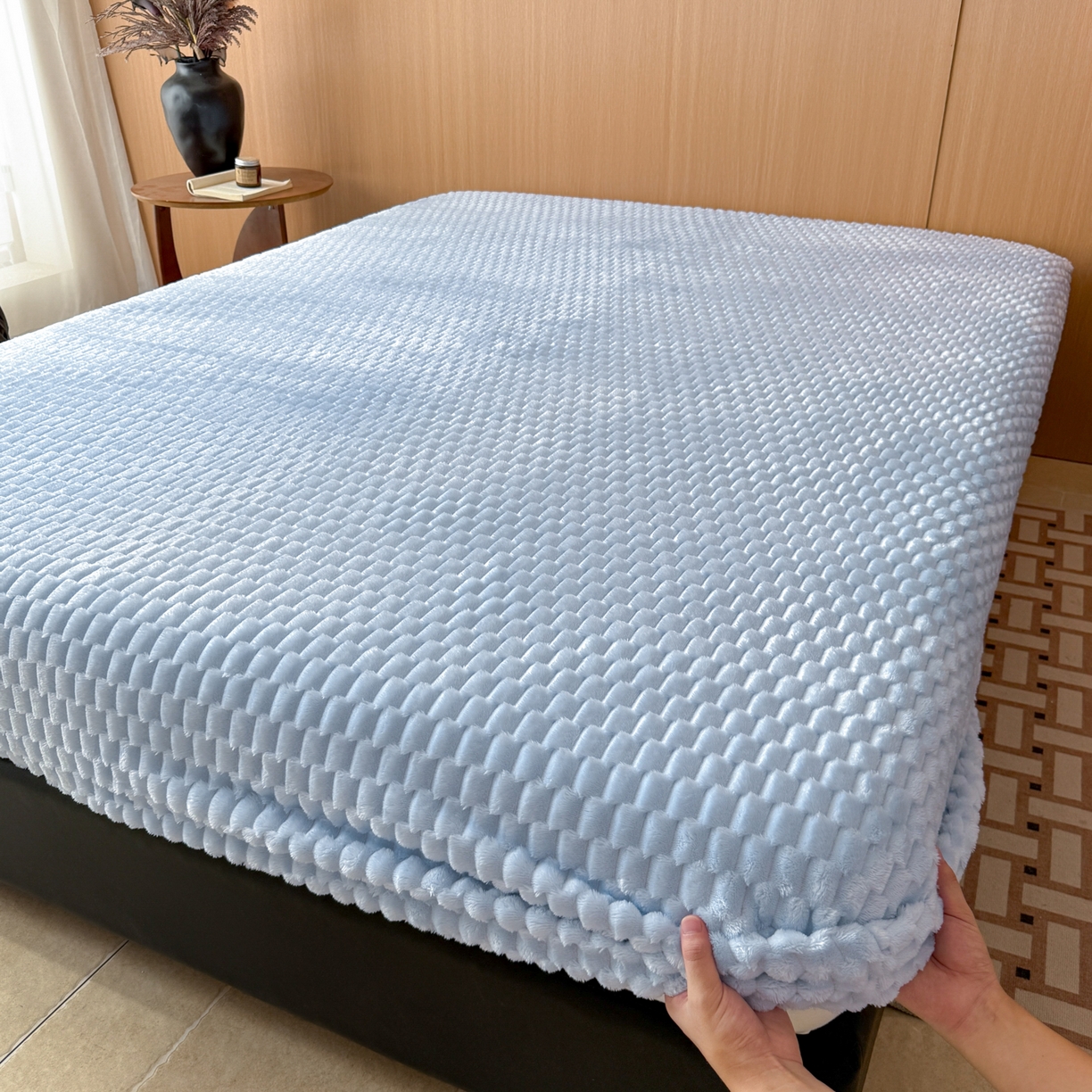 91家纺网 家纺一手货源 找家纺 小叮当家纺仓储工厂店 2025新款豆豆绒纯色单床笠系列床笠单件（跨境可供） 豆豆绒-床笠浅蓝