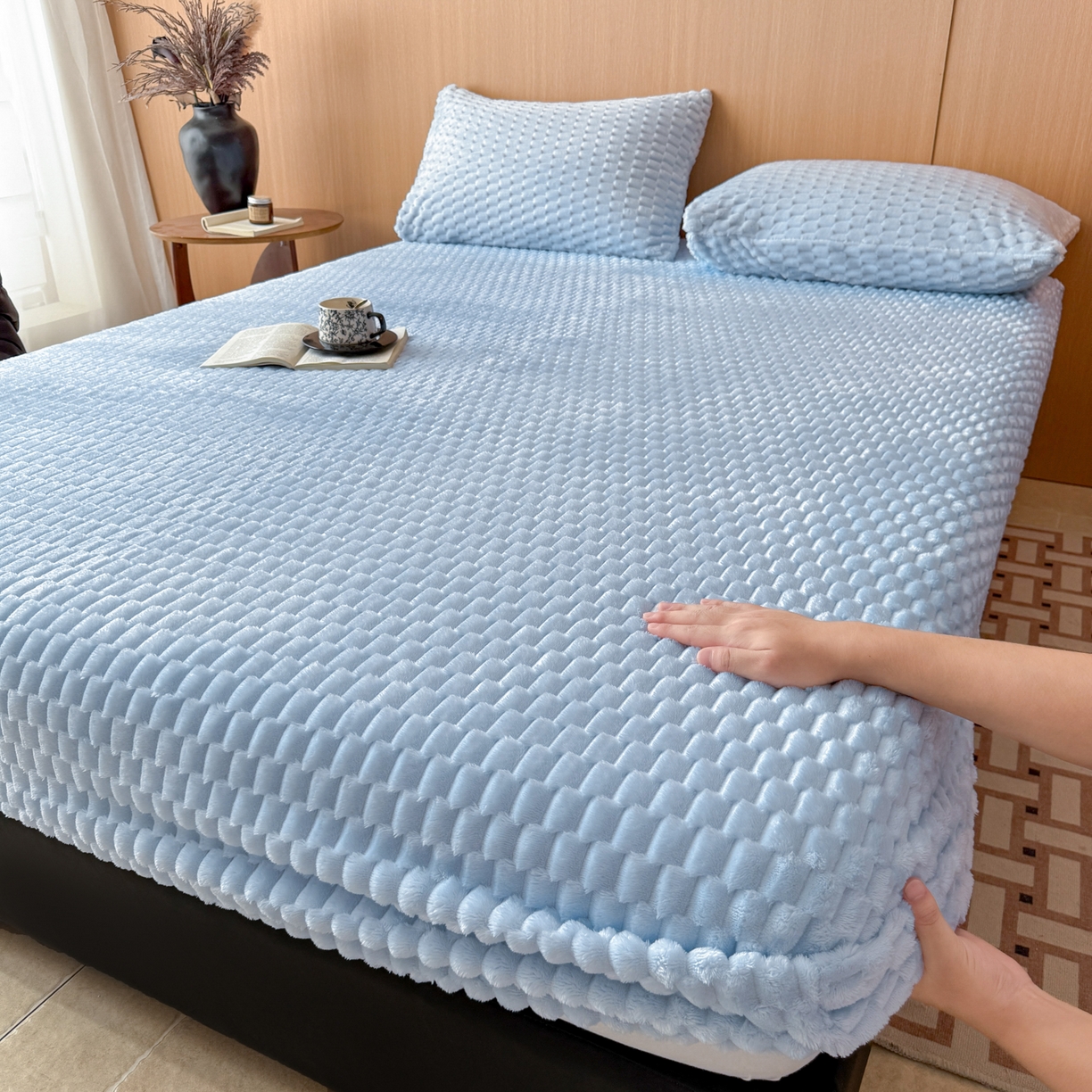 91家纺网 家纺一手货源 找家纺 小叮当家纺仓储工厂店 2025新款豆豆绒纯色单床笠系列床笠单件（跨境可供） 豆豆绒-床笠浅蓝