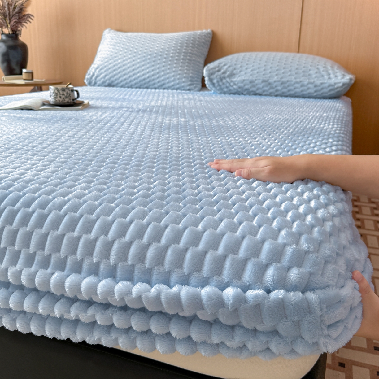 小叮当家纺仓储工厂店 2025新款豆豆绒纯色单床笠系列床笠单件（跨境可供） 豆豆绒-床笠浅蓝