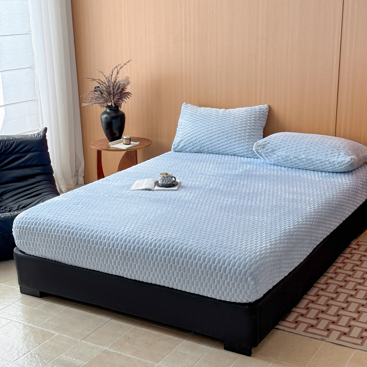 91家纺网 家纺一手货源 找家纺 小叮当家纺仓储工厂店 2025新款豆豆绒纯色单床笠系列床笠单件（跨境可供） 豆豆绒-床笠浅蓝