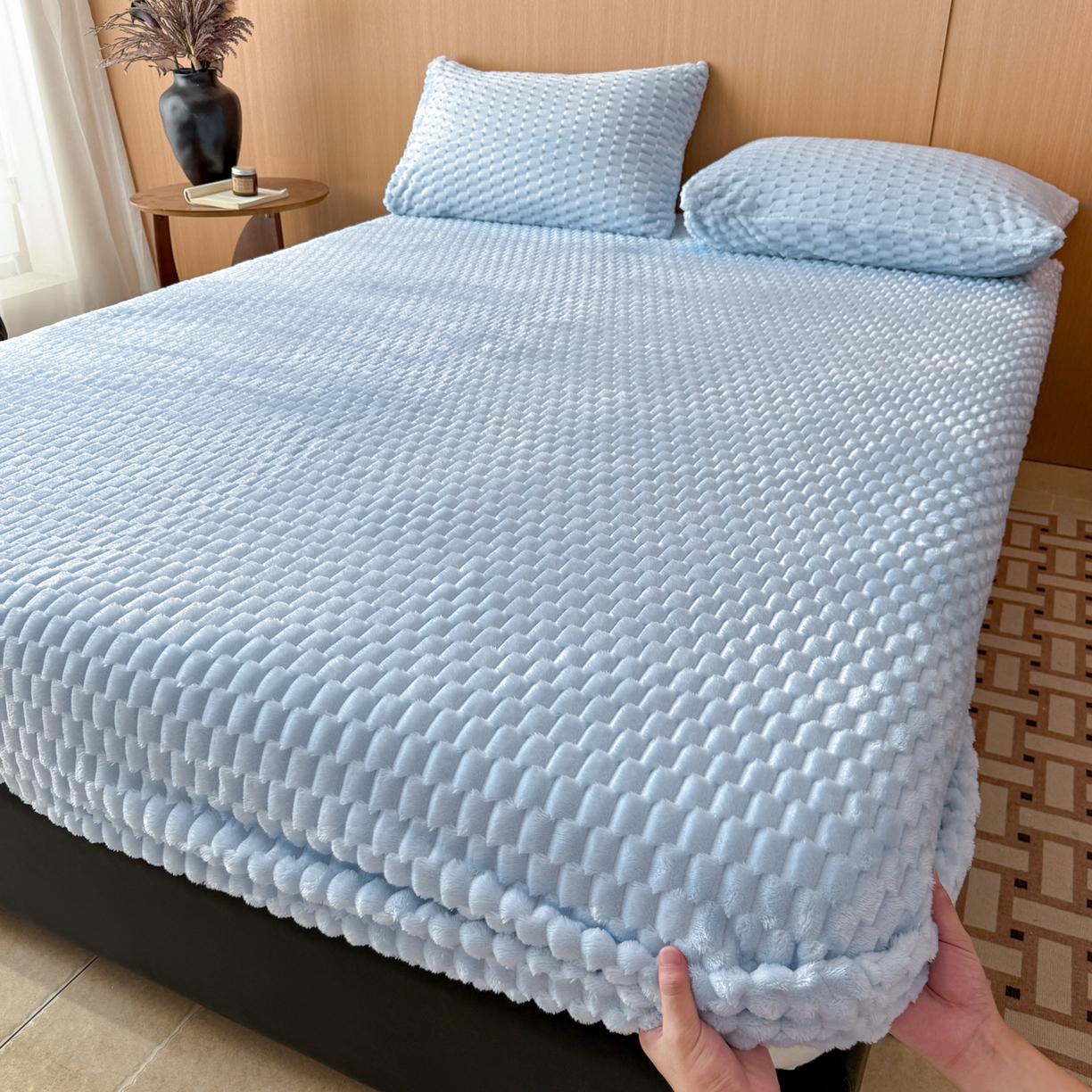 91家纺网 家纺一手货源 找家纺 小叮当家纺仓储工厂店 2025新款豆豆绒纯色单床笠系列床笠单件（跨境可供） 豆豆绒-床笠浅蓝