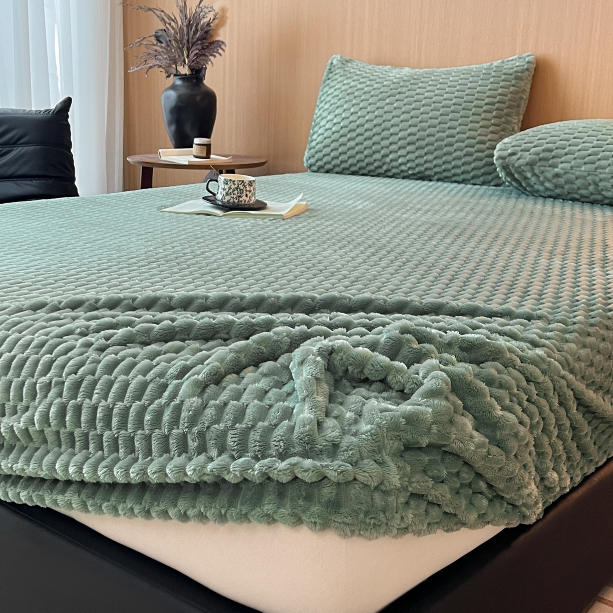 91家纺网 家纺一手货源 找家纺 小叮当家纺仓储工厂店 2025新款豆豆绒纯色单床笠系列床笠单件（跨境可供） 豆豆绒-床笠果绿