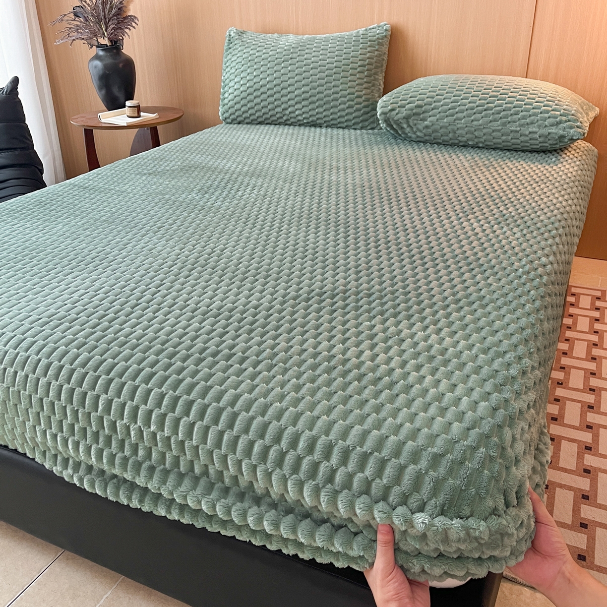 91家纺网 家纺一手货源 找家纺 小叮当家纺仓储工厂店 2025新款豆豆绒纯色单床笠系列床笠单件（跨境可供） 豆豆绒-床笠果绿