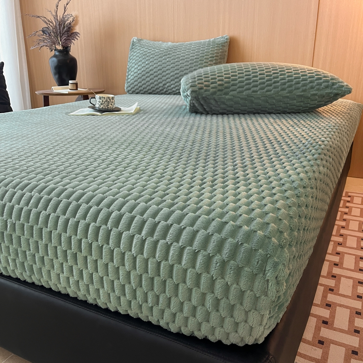 91家纺网 家纺一手货源 找家纺 小叮当家纺仓储工厂店 2025新款豆豆绒纯色单床笠系列床笠单件（跨境可供） 豆豆绒-床笠果绿