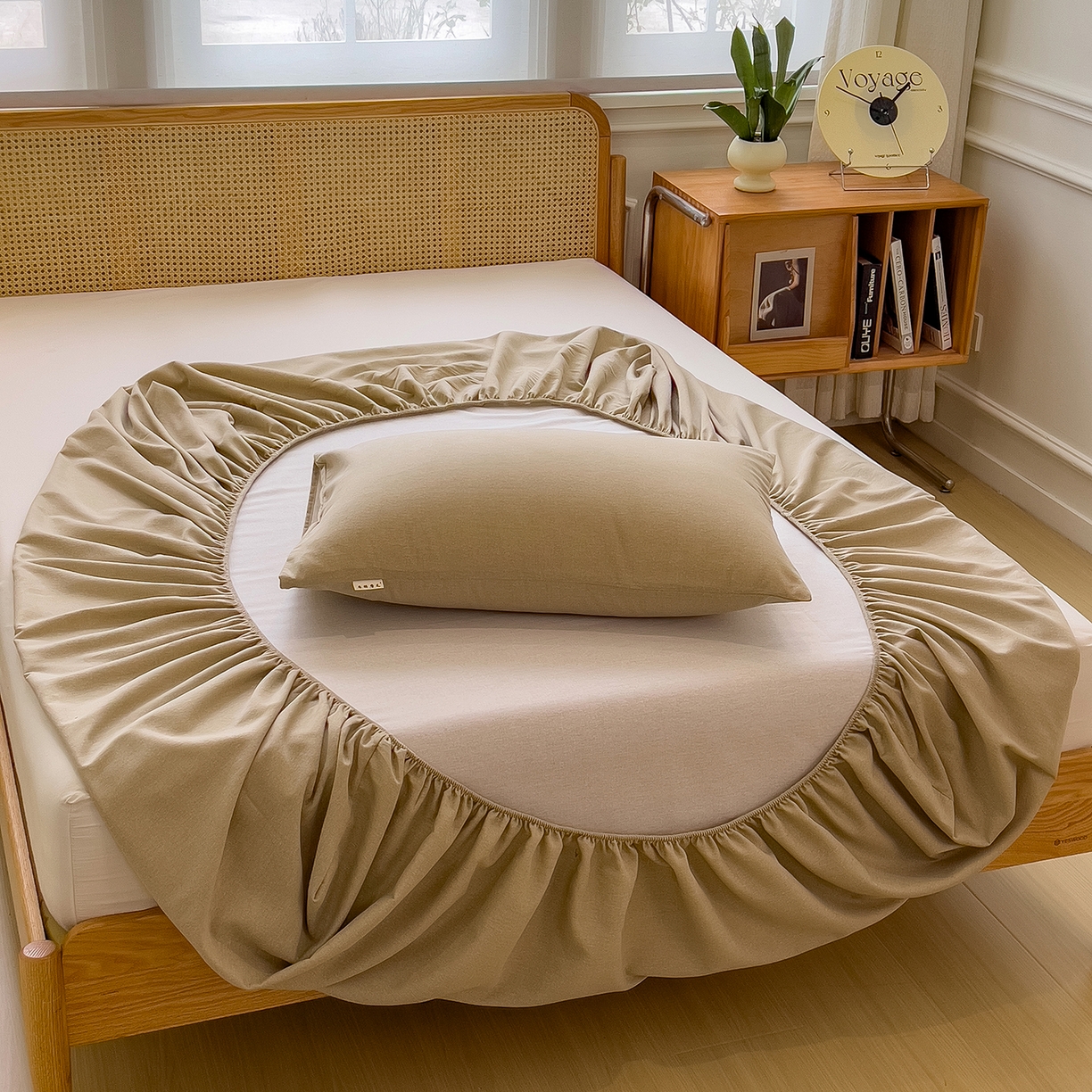 91家纺网 家纺一手货源 找家纺 芃成家纺 2025新款原棉生态磨毛单床笠 奶茶咖