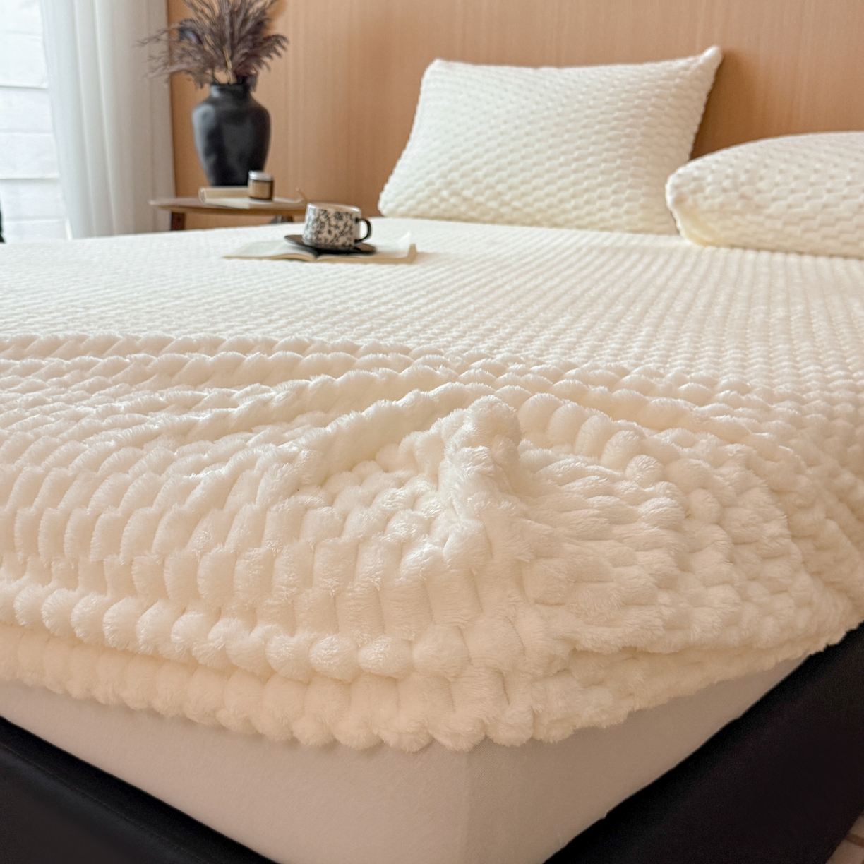 91家纺网 家纺一手货源 找家纺 小叮当家纺仓储工厂店 2025新款豆豆绒纯色单床笠系列床笠单件（跨境可供） 豆豆绒-床笠米白