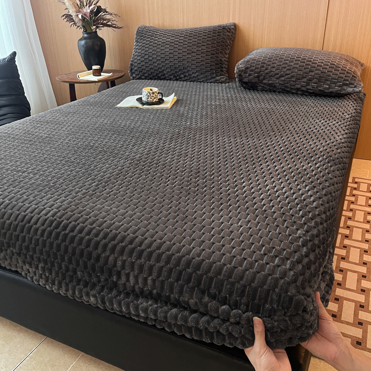 91家纺网 家纺一手货源 找家纺 小叮当家纺仓储工厂店 2025新款豆豆绒纯色单床笠系列床笠单件（跨境可供） 豆豆绒-床笠深灰