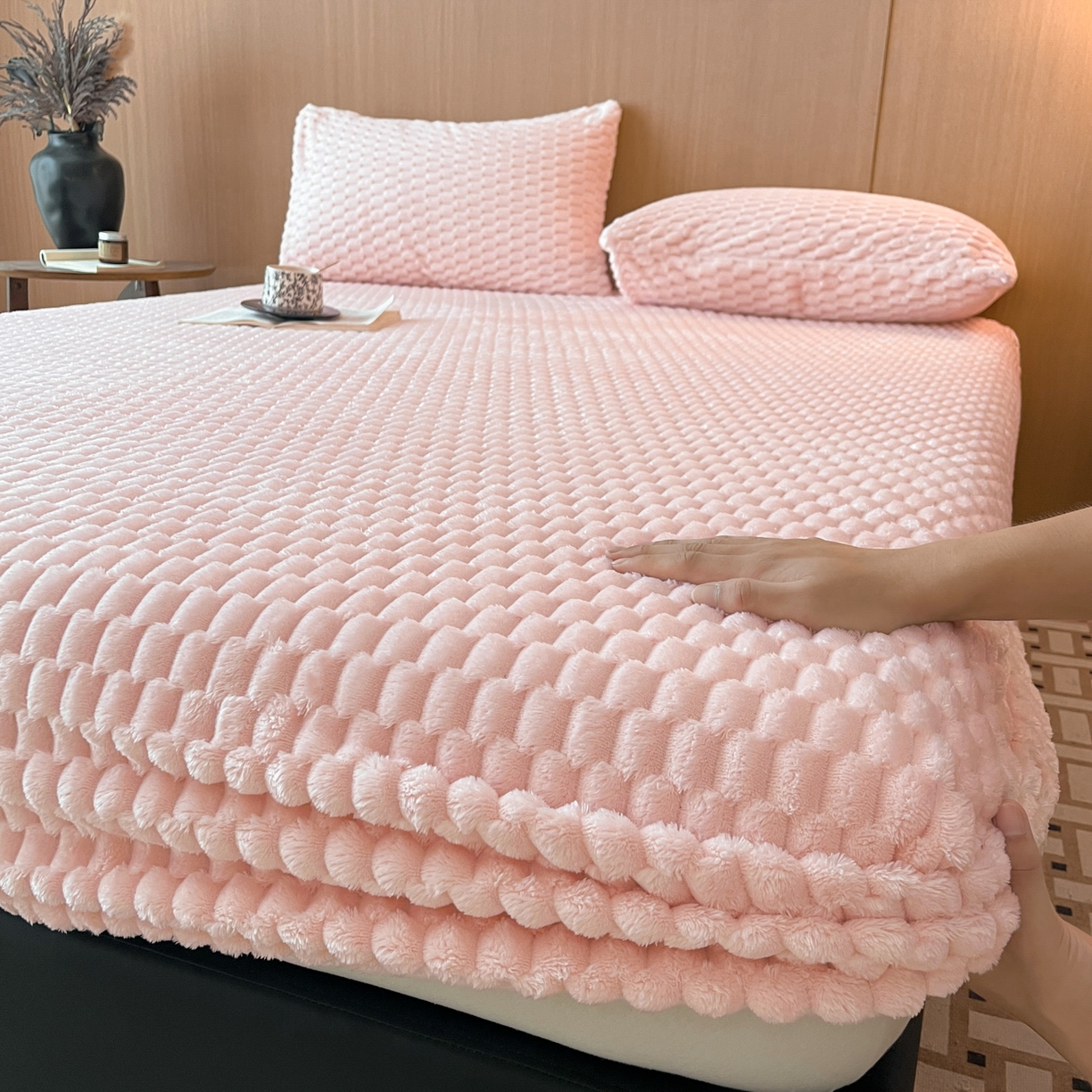 小叮当家纺仓储工厂店 2025新款豆豆绒纯色单床笠系列床笠单件（跨境可供） 豆豆绒-床笠桃粉