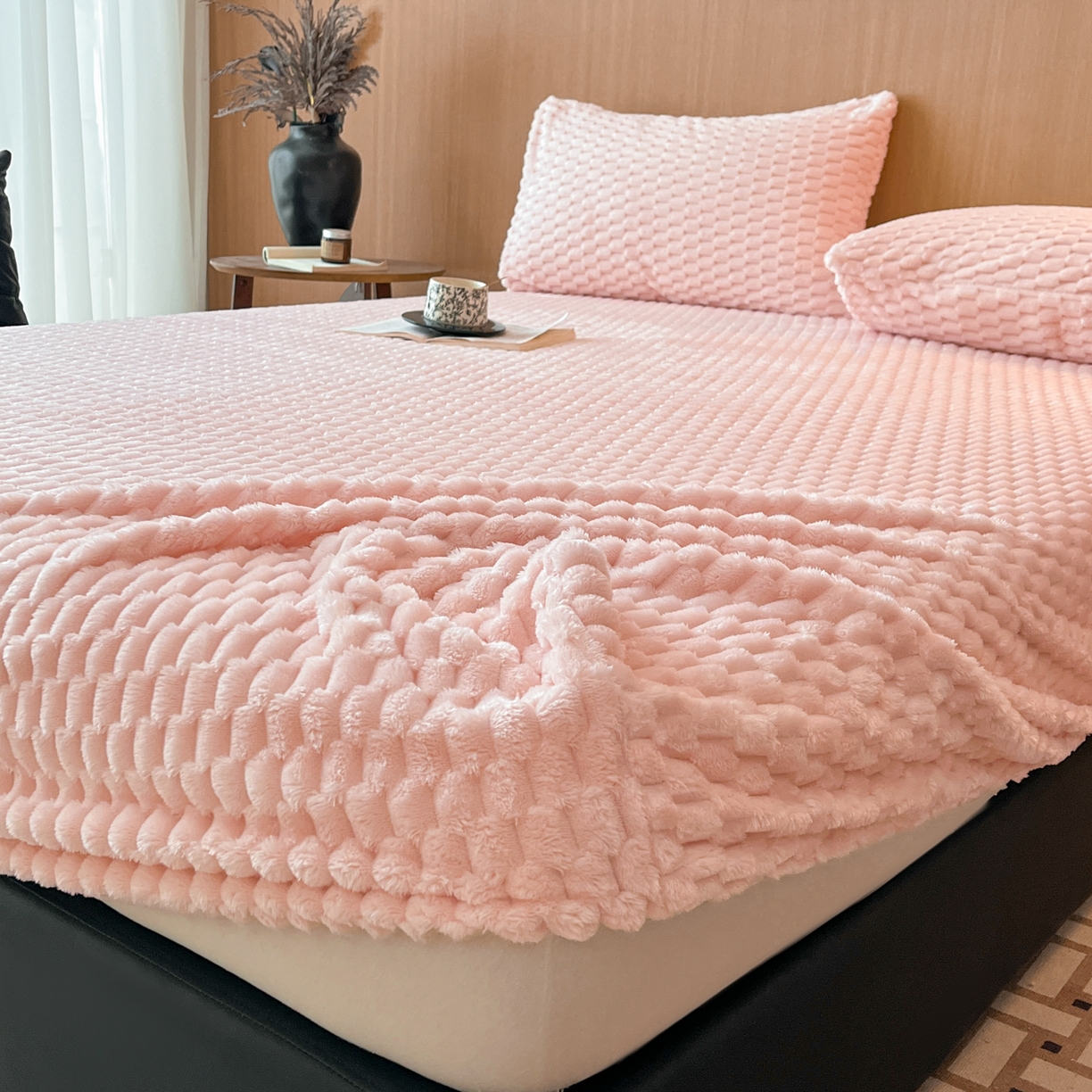 91家纺网 家纺一手货源 找家纺 小叮当家纺仓储工厂店 2025新款豆豆绒纯色单床笠系列床笠单件（跨境可供） 豆豆绒-床笠桃粉