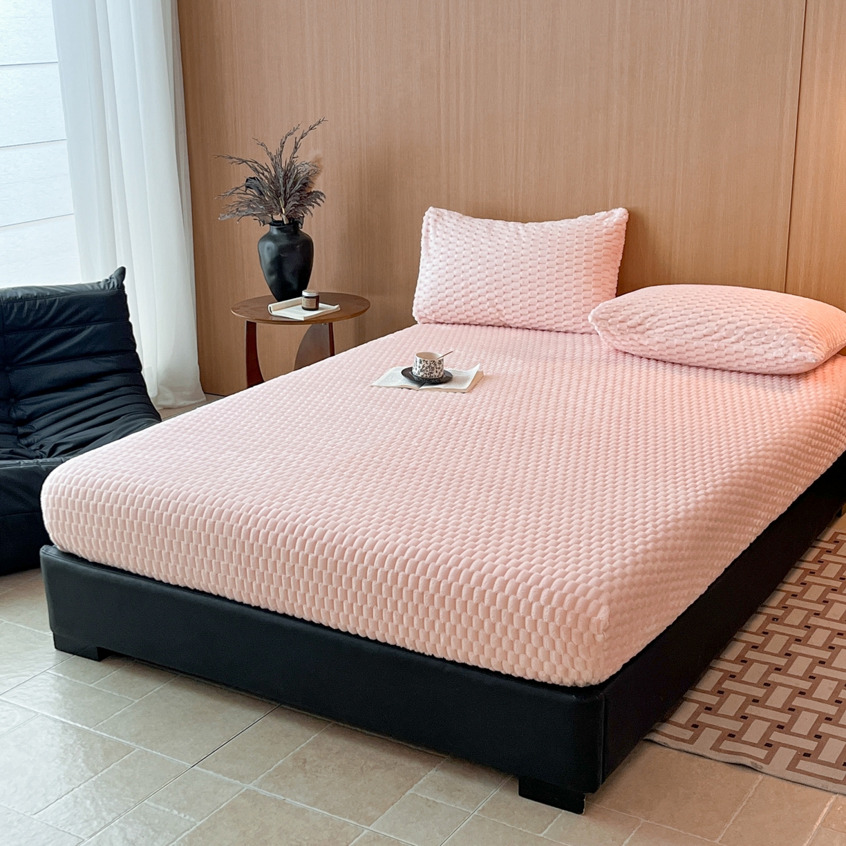 91家纺网 家纺一手货源 找家纺 小叮当家纺仓储工厂店 2025新款豆豆绒纯色单床笠系列床笠单件（跨境可供） 豆豆绒-床笠桃粉