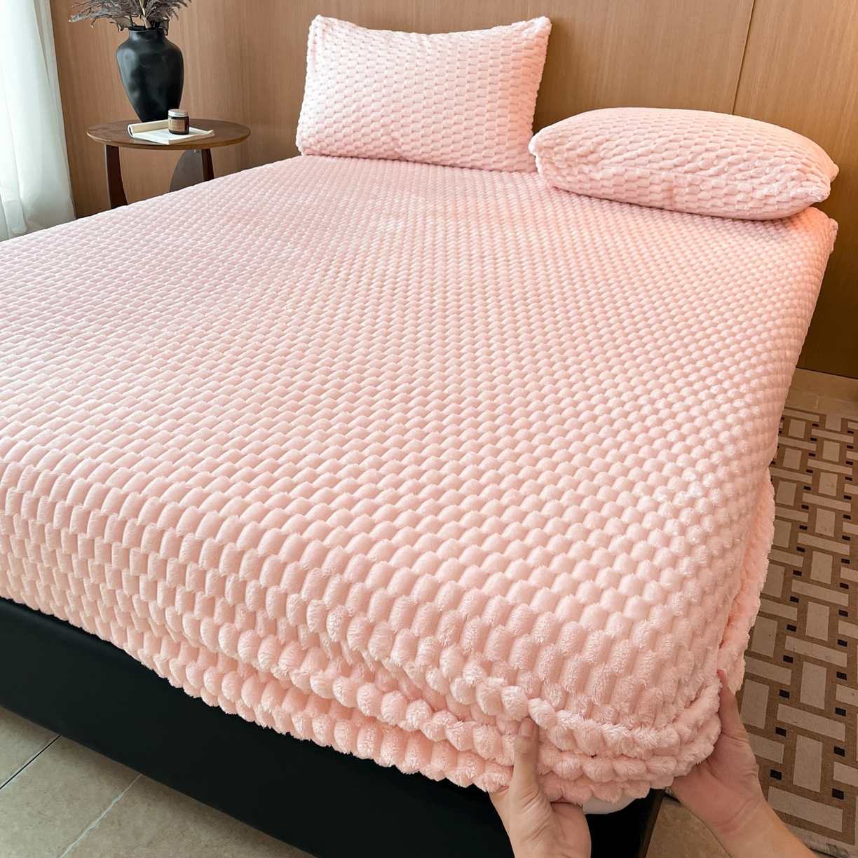 91家纺网 家纺一手货源 找家纺 小叮当家纺仓储工厂店 2025新款豆豆绒纯色单床笠系列床笠单件（跨境可供） 豆豆绒-床笠桃粉