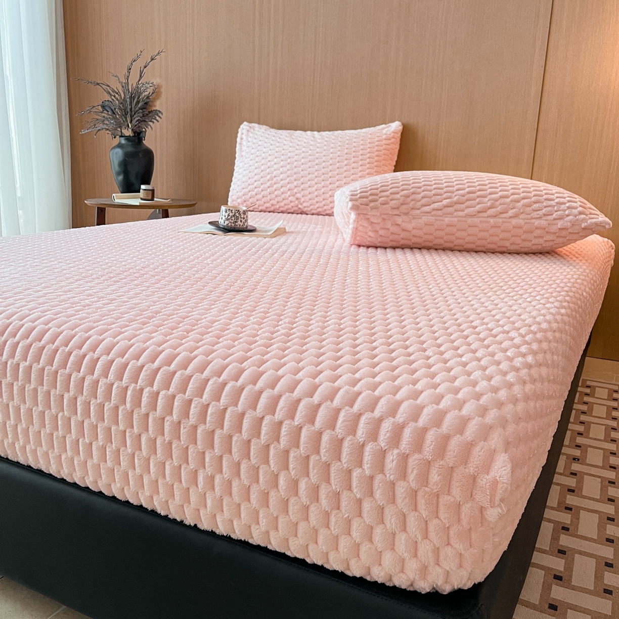 91家纺网 家纺一手货源 找家纺 小叮当家纺仓储工厂店 2025新款豆豆绒纯色单床笠系列床笠单件（跨境可供） 豆豆绒-床笠桃粉