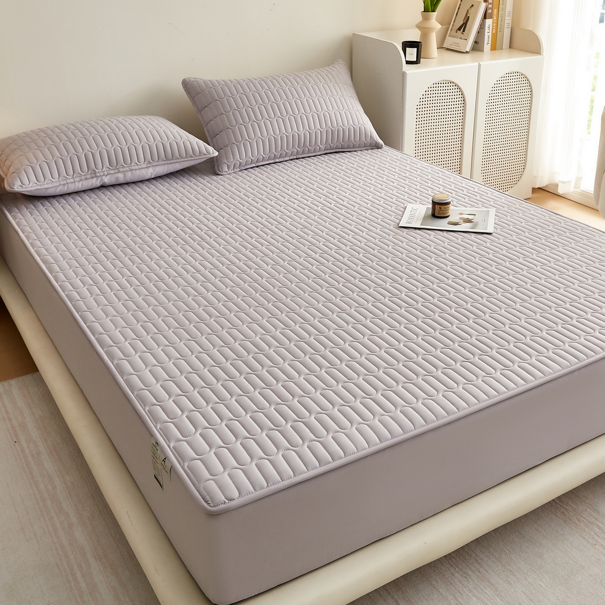 91家纺网 家纺一手货源 找家纺 蕾诺家纺 2025新款 菱格水洗棉亲肤棉夹棉床笠 菱格-浅灰