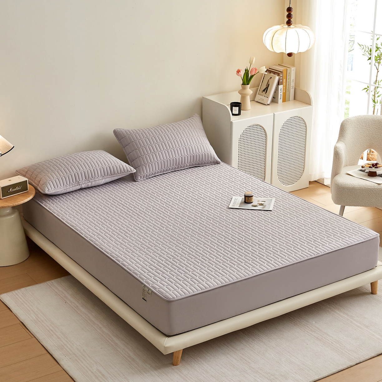 91家纺网 家纺一手货源 找家纺 蕾诺家纺 2025新款 菱格水洗棉亲肤棉夹棉床笠 菱格-浅灰