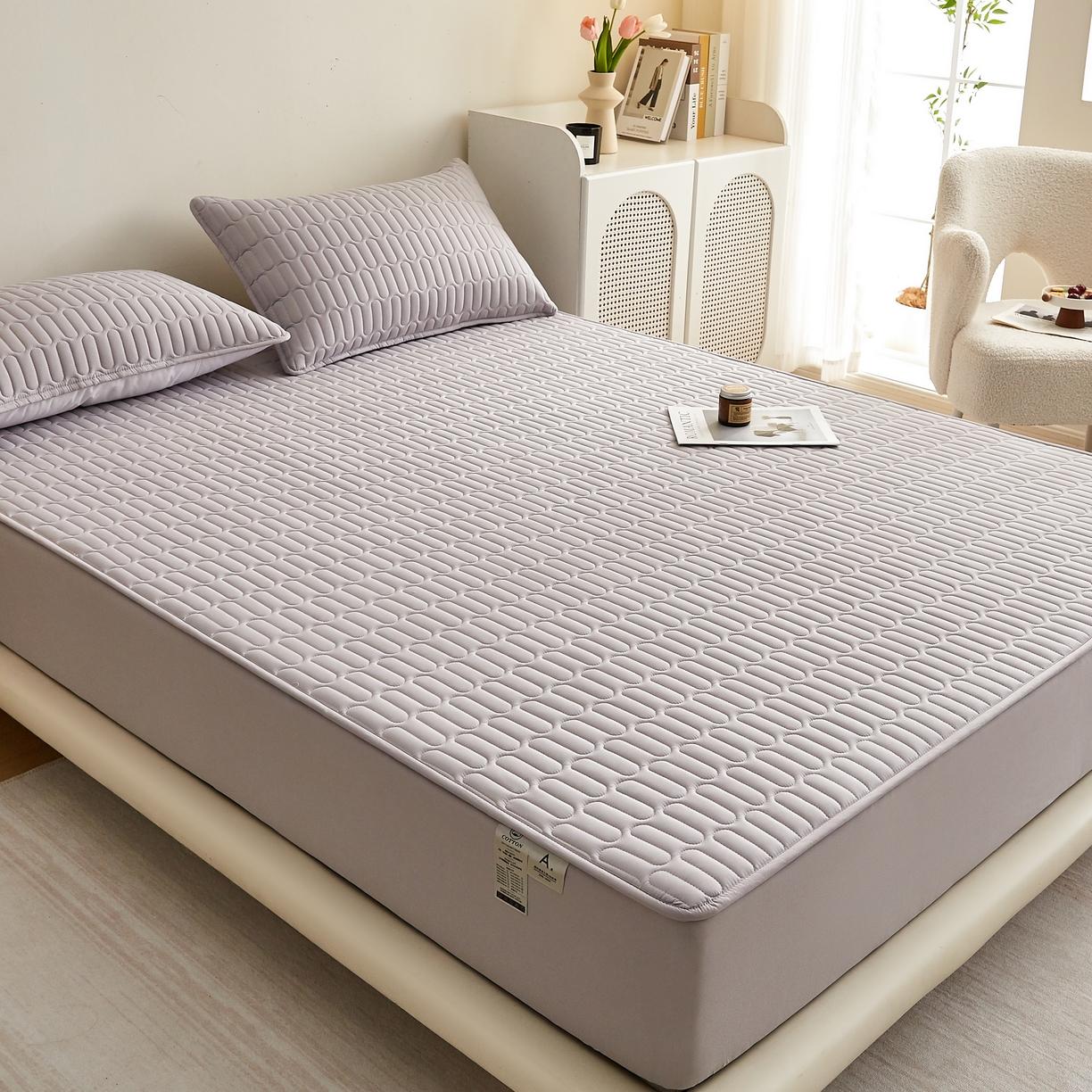 91家纺网 家纺一手货源 找家纺 蕾诺家纺 2025新款 菱格水洗棉亲肤棉夹棉床笠 菱格-浅灰