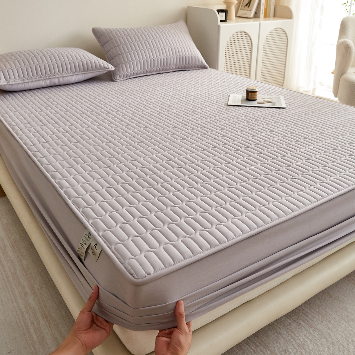 91家纺网 家纺一手货源 找家纺 蕾诺家纺 2025新款 菱格水洗棉亲肤棉夹棉床笠 菱格-浅灰