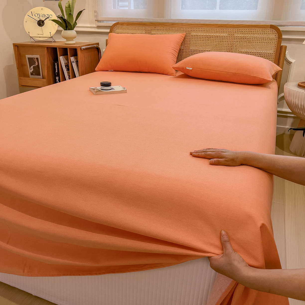 91家纺网 家纺一手货源 找家纺 芃成家纺 2025新款原棉生态磨毛单床单 浅橘色