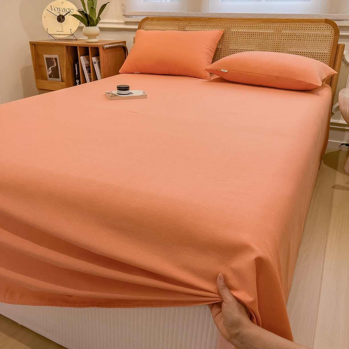 91家纺网 家纺一手货源 找家纺 芃成家纺 2025新款原棉生态磨毛单床单 浅橘色