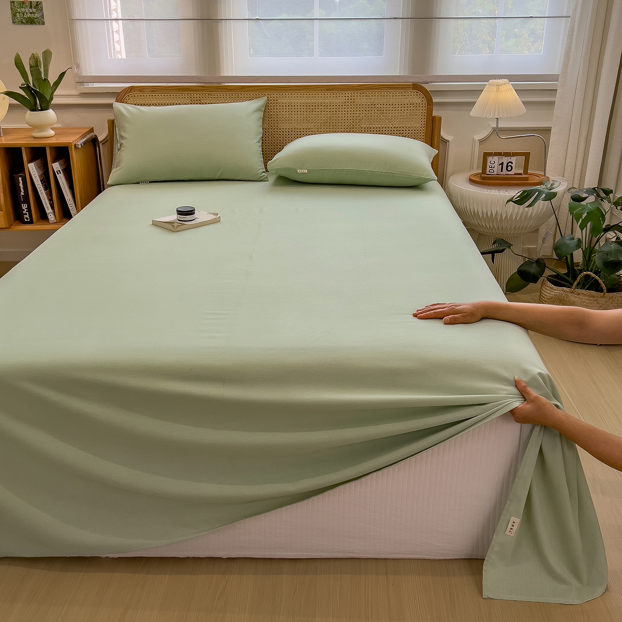 91家纺网 家纺一手货源 找家纺 芃成家纺 2025新款原棉生态磨毛单床单 天青绿