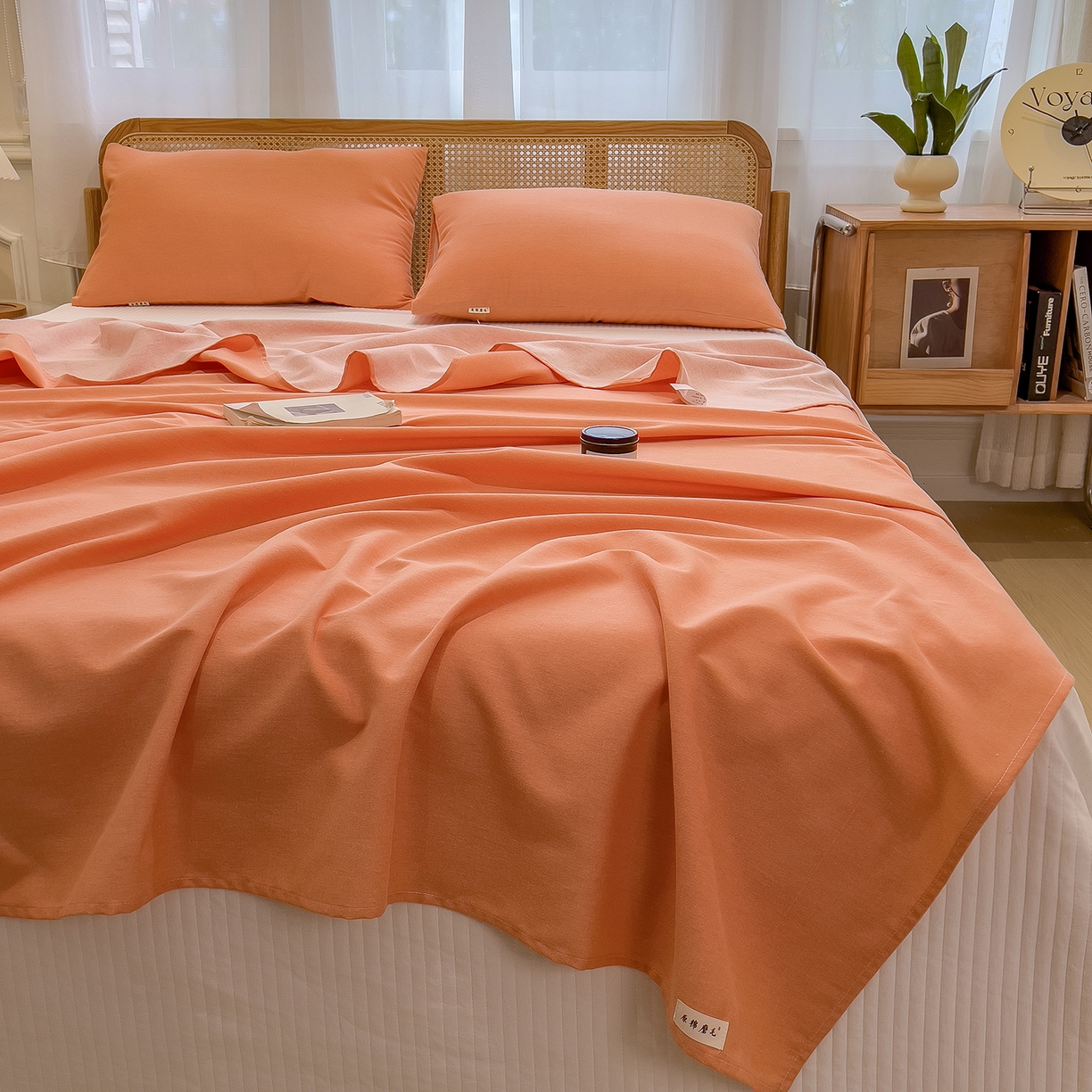 91家纺网 家纺一手货源 找家纺 芃成家纺 2025新款原棉生态磨毛单床单 浅橘色