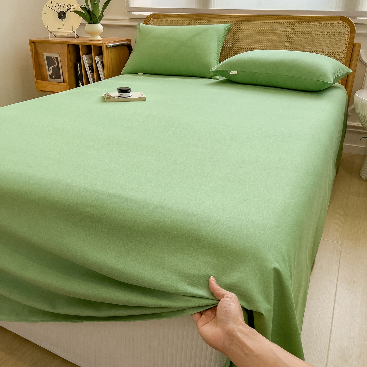 91家纺网 家纺一手货源 找家纺 芃成家纺 2025新款原棉生态磨毛单床单 薄荷绿