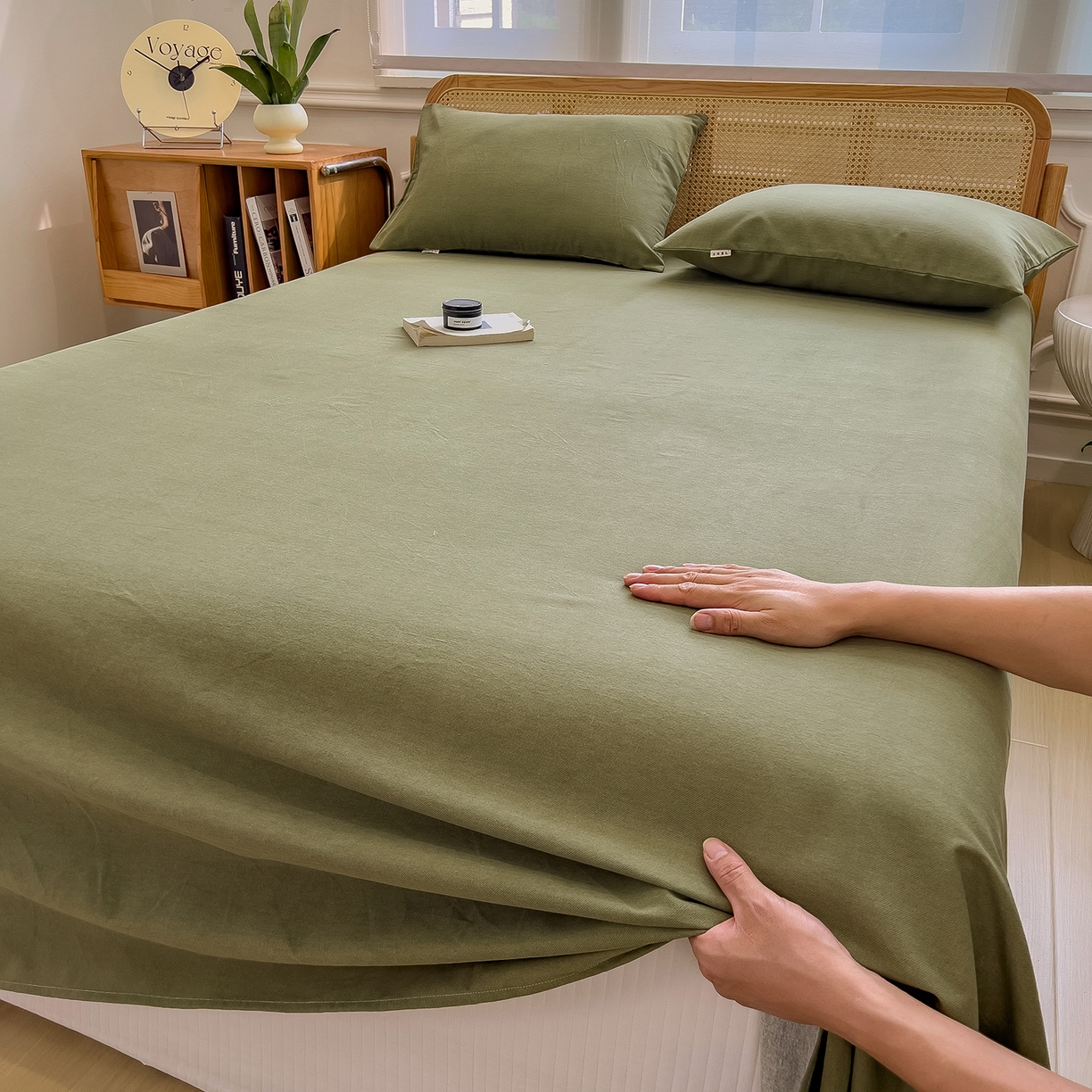 91家纺网 家纺一手货源 找家纺 芃成家纺 2025新款原棉生态磨毛单床单 松针绿