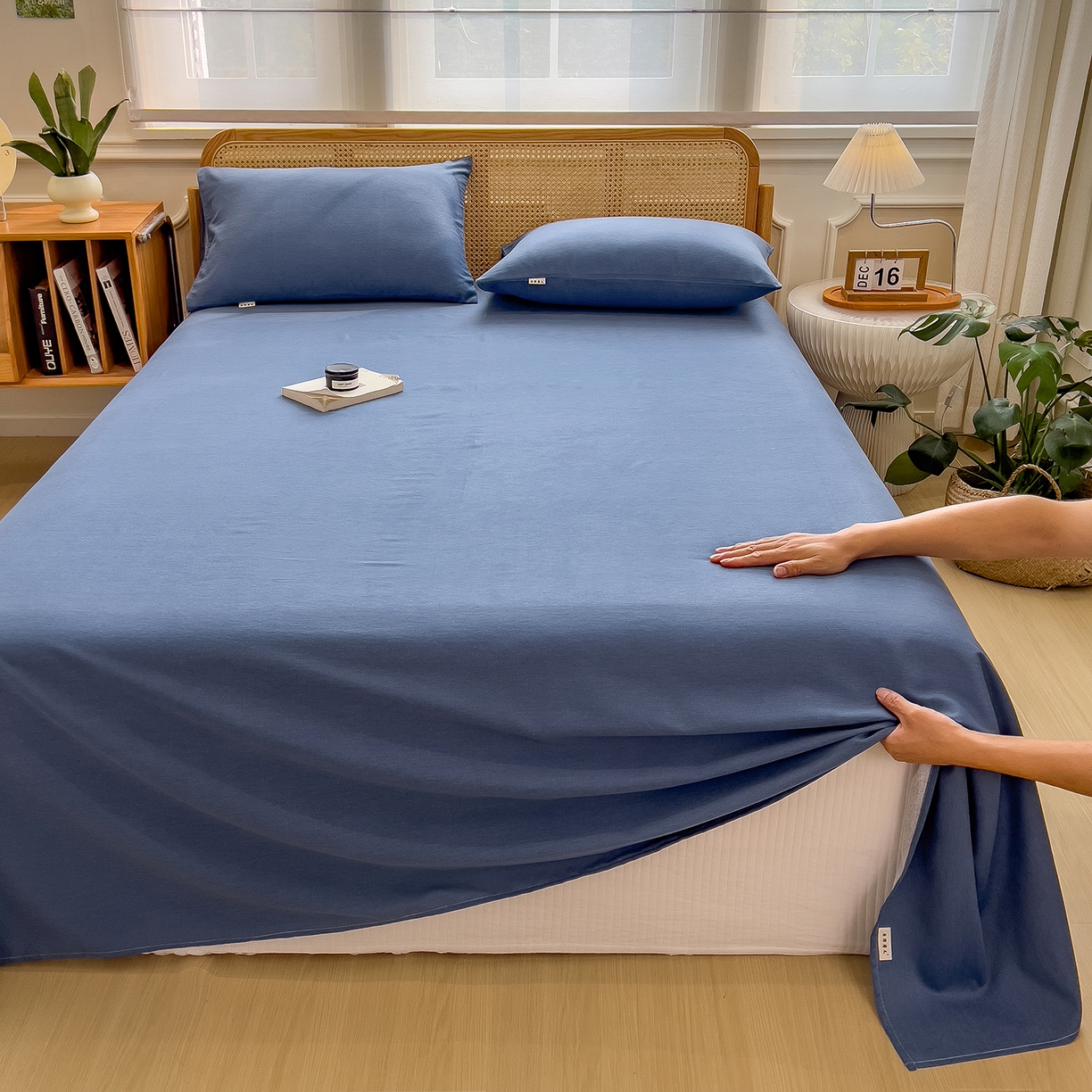 91家纺网 家纺一手货源 找家纺 芃成家纺 2025新款原棉生态磨毛单床单 冰川蓝