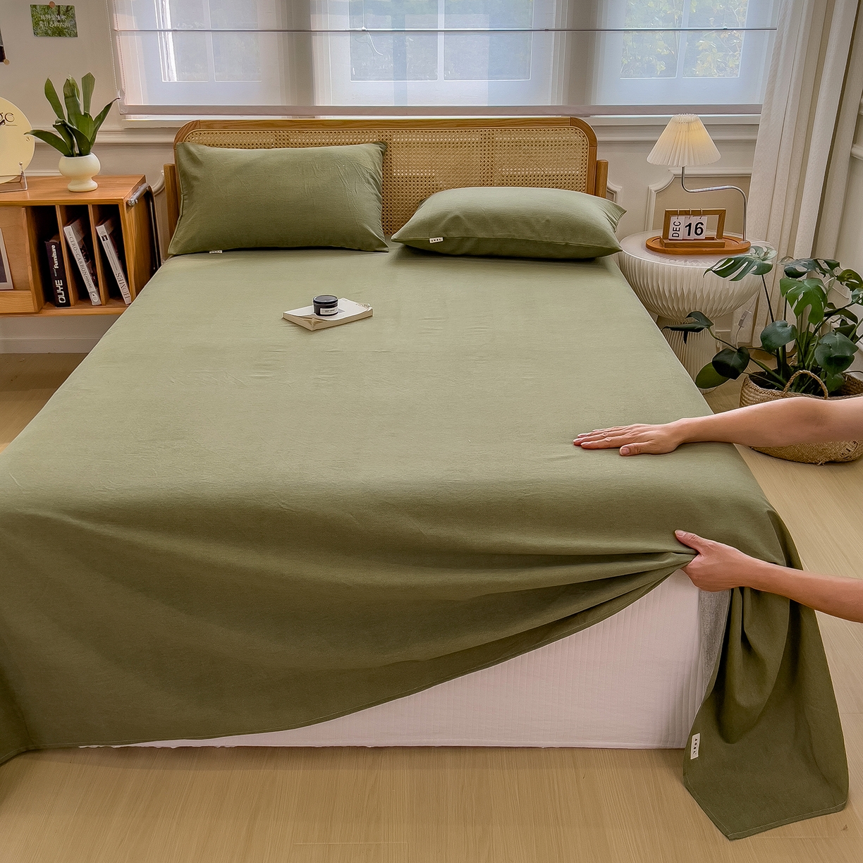 91家纺网 家纺一手货源 找家纺 芃成家纺 2025新款原棉生态磨毛单床单 松针绿