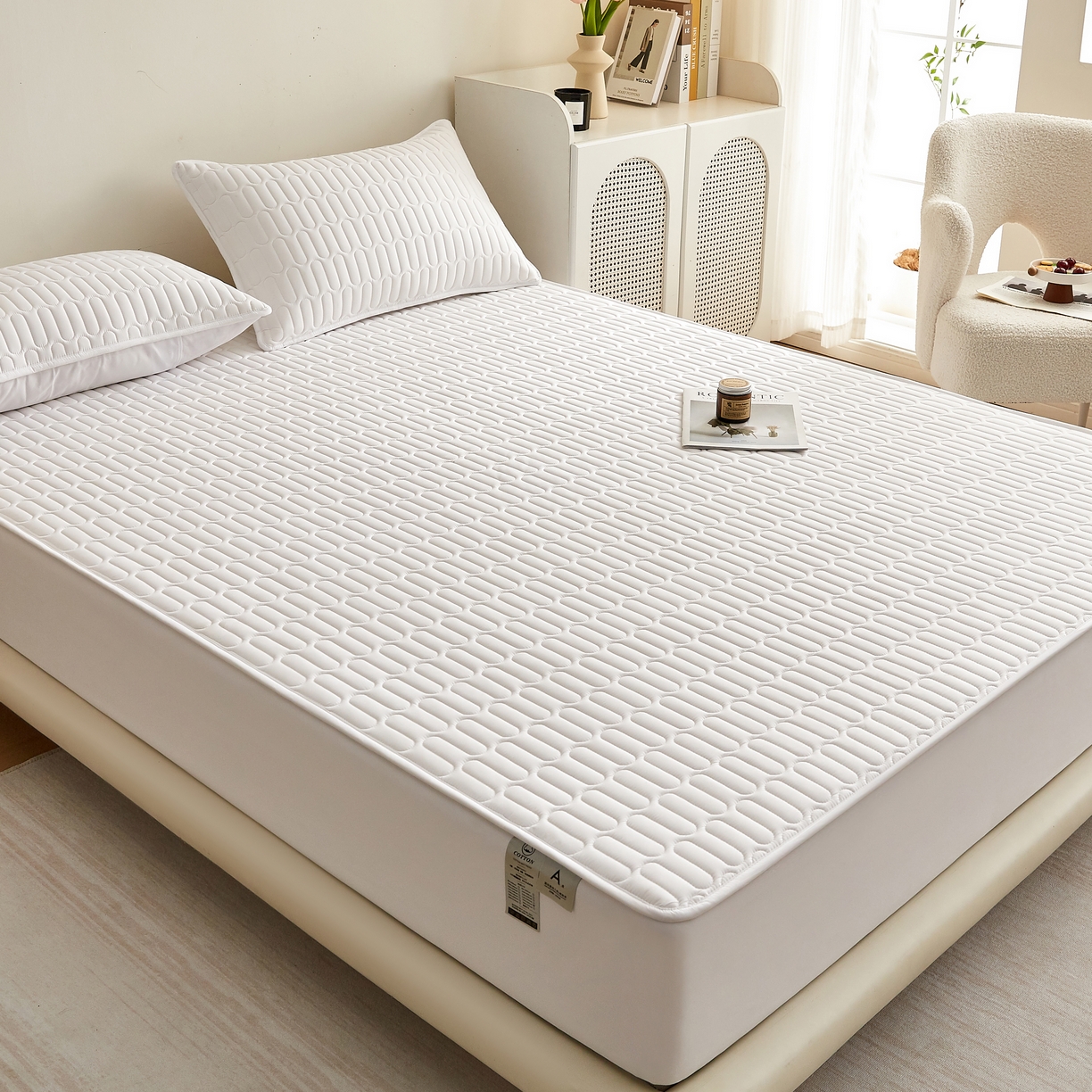 蕾诺家纺 2025新款 菱格水洗棉亲肤棉夹棉床笠 菱格-白色