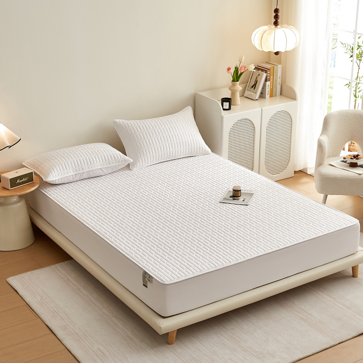 91家纺网 家纺一手货源 找家纺 蕾诺家纺 2025新款 菱格水洗棉亲肤棉夹棉床笠 菱格-白色