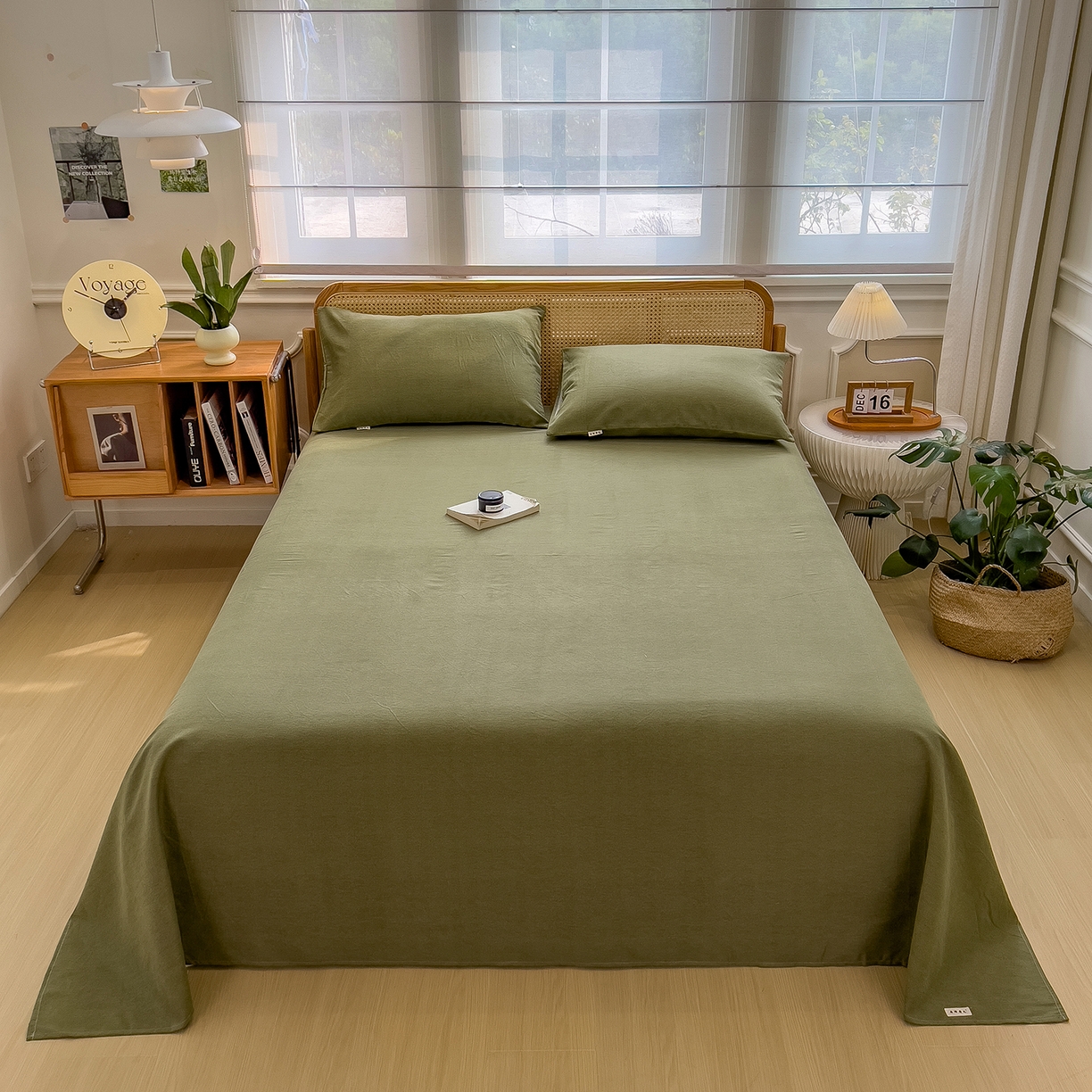 91家纺网 家纺一手货源 找家纺 芃成家纺 2025新款原棉生态磨毛单床单 松针绿