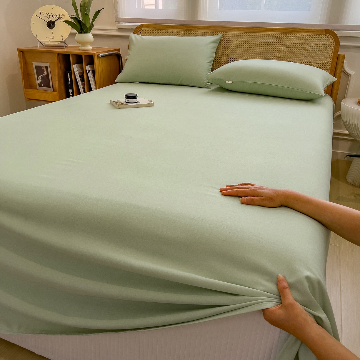 91家纺网 家纺一手货源 找家纺 芃成家纺 2025新款原棉生态磨毛单床单 天青绿