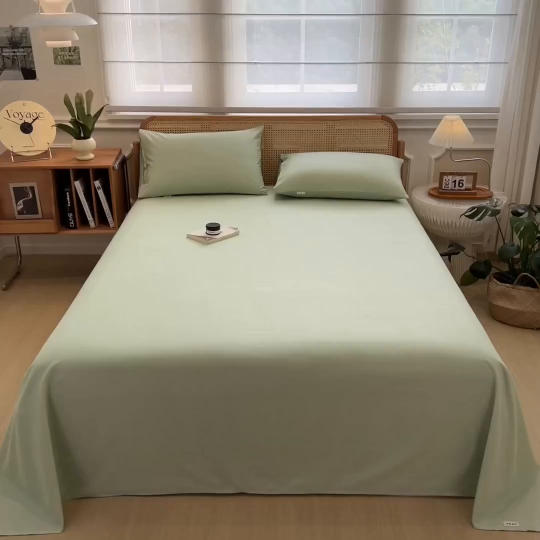 91家纺网 家纺一手货源 找家纺 芃成家纺 2025新款原棉生态磨毛单床单 天青绿