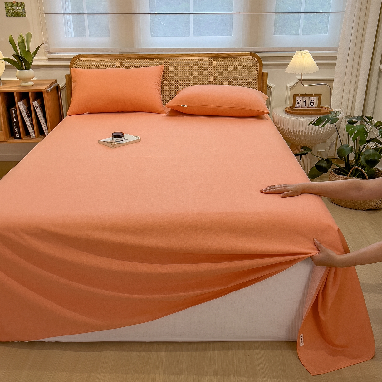 91家纺网 家纺一手货源 找家纺 芃成家纺 2025新款原棉生态磨毛单床单 浅橘色