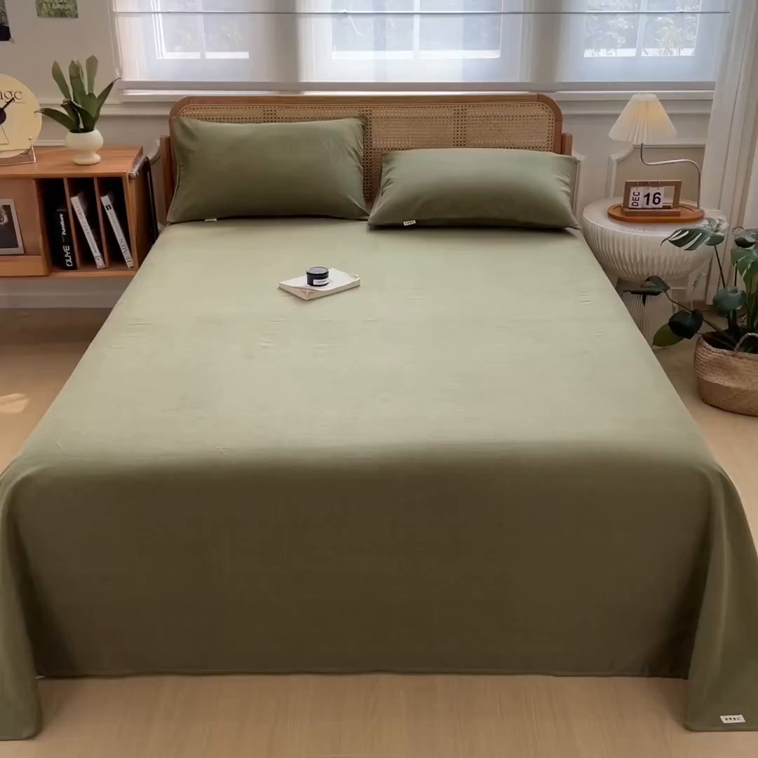 91家纺网 家纺一手货源 找家纺 芃成家纺 2025新款原棉生态磨毛单床单 松针绿