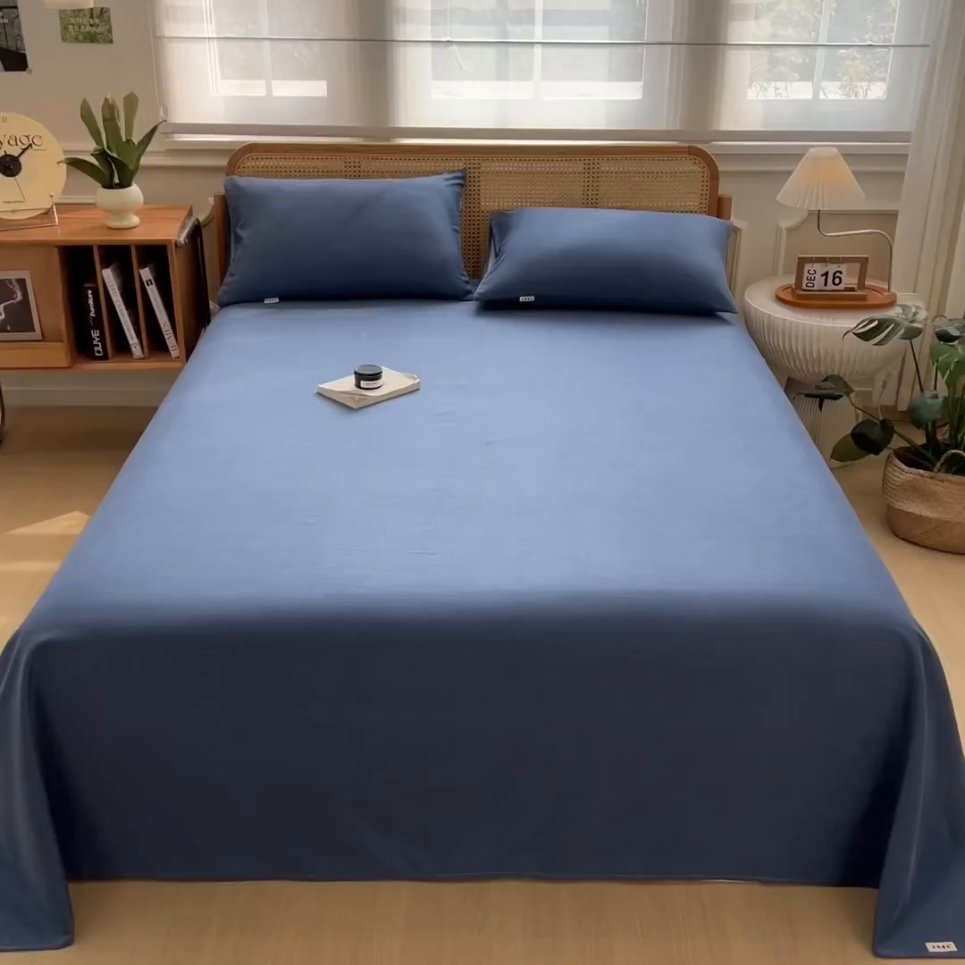 91家纺网 家纺一手货源 找家纺 芃成家纺 2025新款原棉生态磨毛单床单 冰川蓝