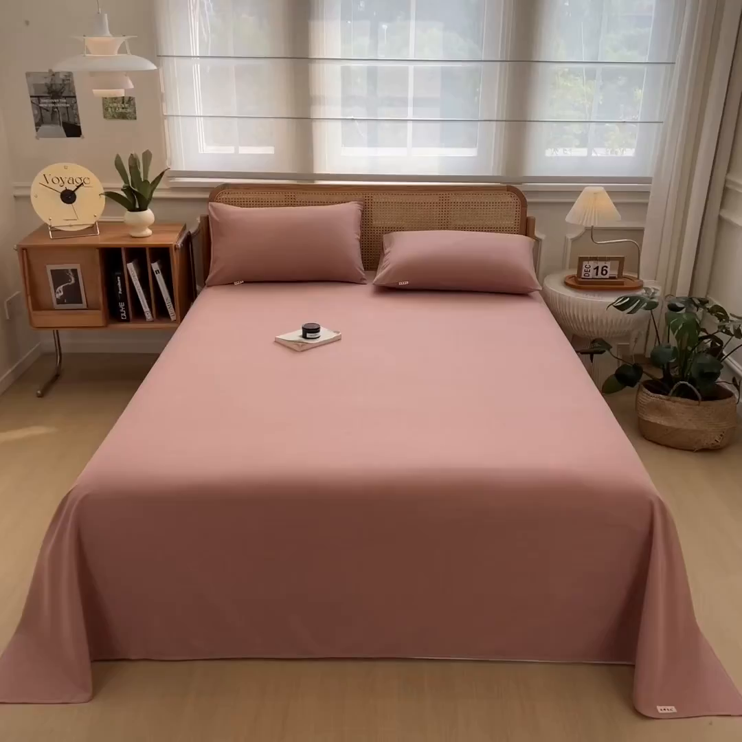 91家纺网 家纺一手货源 找家纺 芃成家纺 2025新款原棉生态磨毛单床单 烟粉色