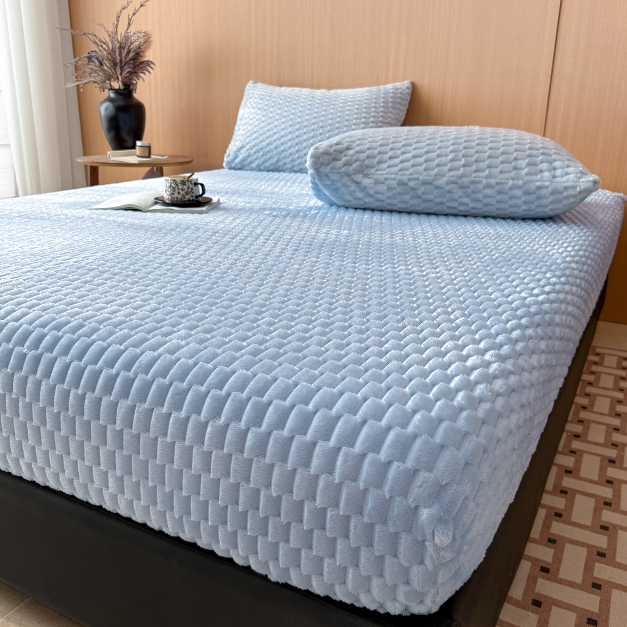 91家纺网 家纺一手货源 找家纺 小叮当家纺仓储工厂店 2025新款豆豆绒纯色单床笠系列床笠单件（跨境可供） 豆豆绒-床笠浅蓝