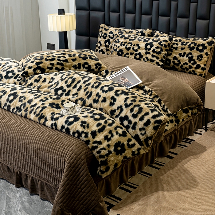 91家纺网 家纺一手货源 找家纺 元禾家纺 2025新款法式美拉德高克重兔毛床盖款四件套兔毛简单款 豹纹咖