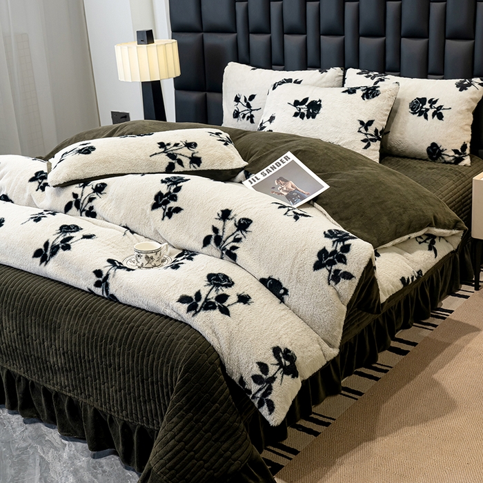 91家纺网 家纺一手货源 找家纺 元禾家纺 2025新款法式美拉德高克重兔毛床盖款四件套兔毛简单款 玫瑰白