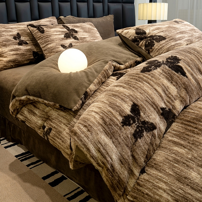 元禾家纺 2025新款法式美拉德高克重兔毛床盖款四件套兔毛简单款 蝶舞咖