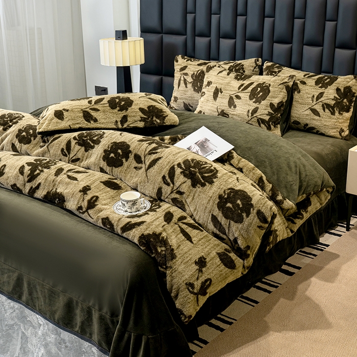 91家纺网 家纺一手货源 找家纺 元禾家纺 2025新款法式美拉德高克重兔毛床盖款四件套兔毛简单款 繁花