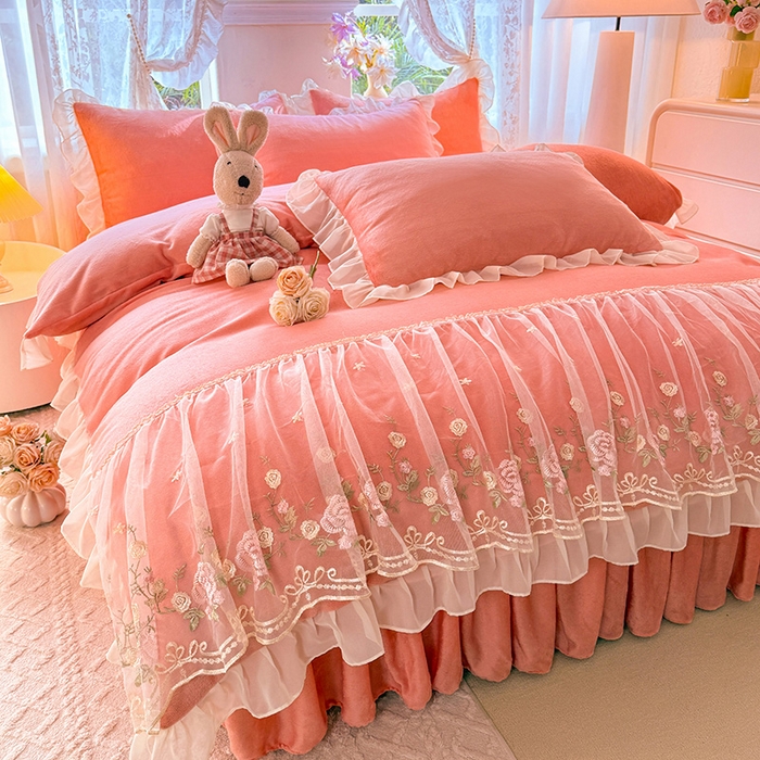 后庭寝室 2025新款高克重牛奶绒公主风床裙四件套-甜心系列 甜心-玉色