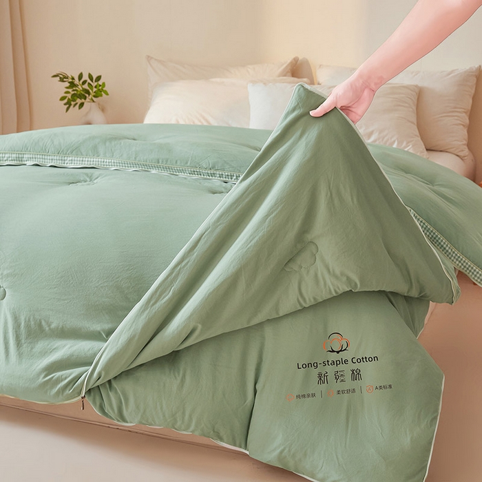 91家纺网 家纺一手货源 找家纺 思雅庭 2025新款原棉水洗棉00%新疆棉花被二合一子母被立体边冬被被子被芯 格子立体-豆绿