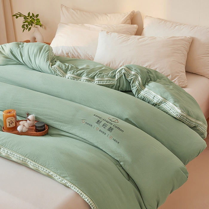 91家纺网 家纺一手货源 找家纺 思雅庭 2025新款原棉水洗棉00%新疆棉花被二合一子母被立体边冬被被子被芯 格子立体-豆绿