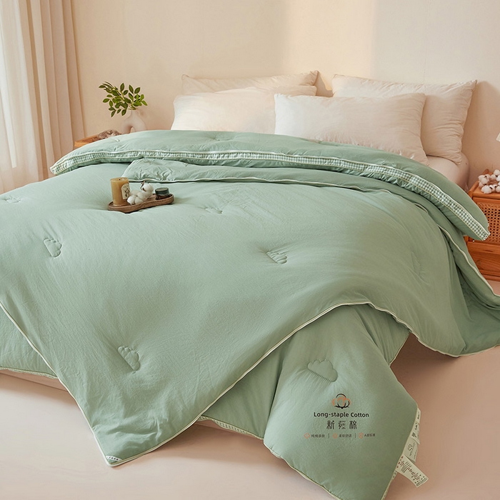 91家纺网 家纺一手货源 找家纺 思雅庭 2025新款原棉水洗棉00%新疆棉花被二合一子母被立体边冬被被子被芯 格子立体-豆绿