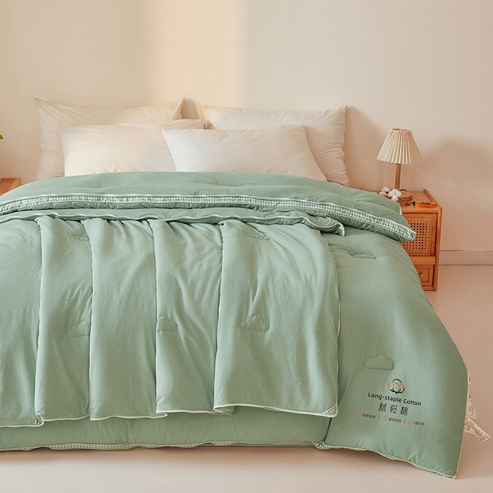 91家纺网 家纺一手货源 找家纺 思雅庭 2025新款原棉水洗棉00%新疆棉花被二合一子母被立体边冬被被子被芯 格子立体-豆绿