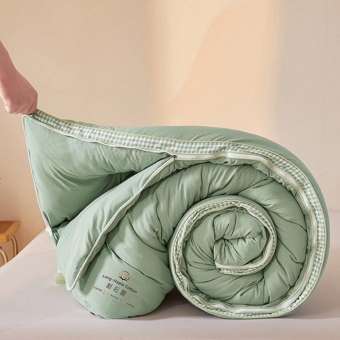 91家纺网 家纺一手货源 找家纺 思雅庭 2025新款原棉水洗棉00%新疆棉花被二合一子母被立体边冬被被子被芯 格子立体-豆绿