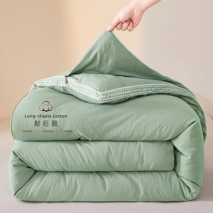 91家纺网 家纺一手货源 找家纺 思雅庭 2025新款原棉水洗棉00%新疆棉花被二合一子母被立体边冬被被子被芯 格子立体-豆绿